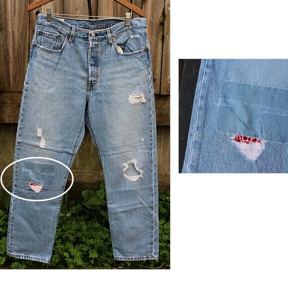 Levis 501 Women's Premium Line 32 x 28 Jeans, Big E - w/BANDANA PATCH - Picture 1 of 14